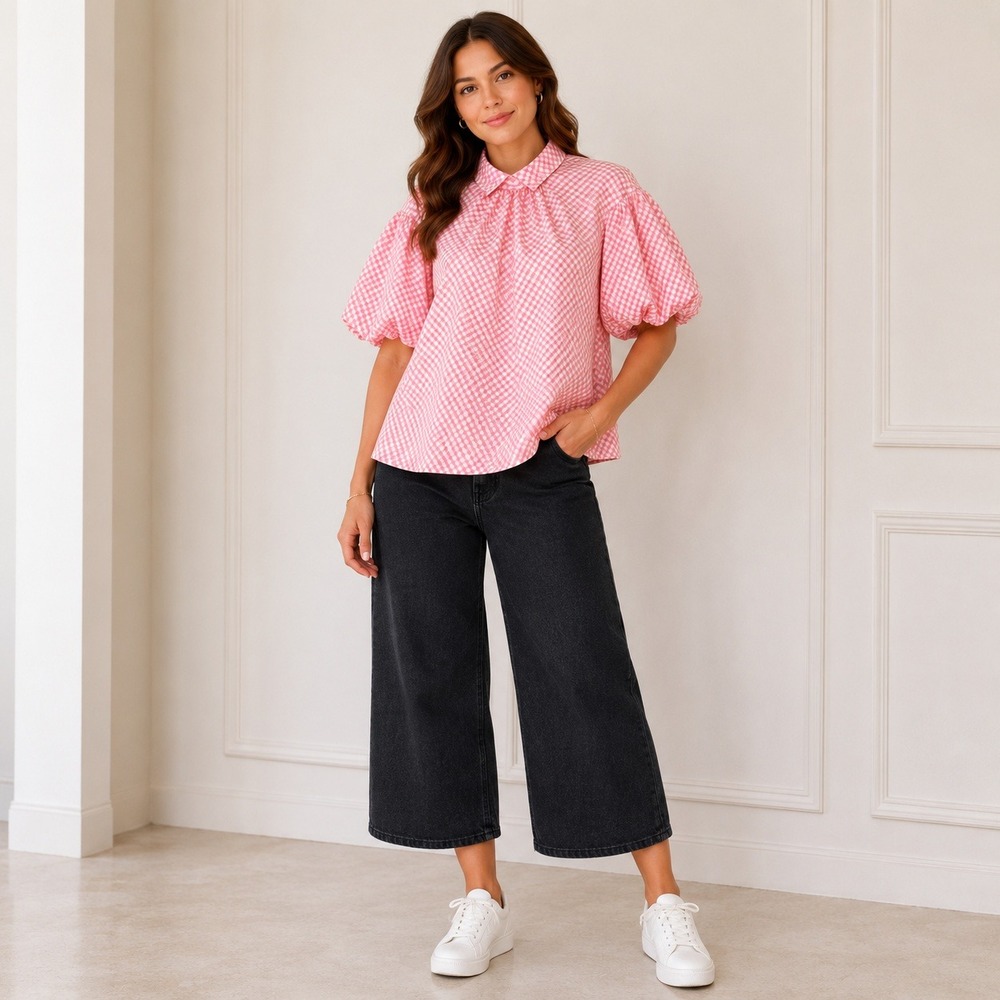 Tish Cox Puff Sleeve Top Womens XS Pink Gingham Check V-Neck Preppy Coastal Boho
